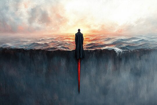 A solitary figure in a long dark coat stands at the edge of a high cliff or wall overlooking a glowing sunset above turbulent ocean waves, with a vivid red shadow or extension below them