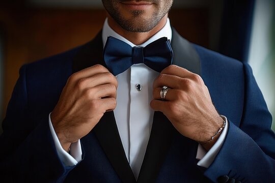 Close-up of a man adjusting a navy blue bow tie while wearing a dark blue tuxedo jacket and white dress shirt, showing a wedding ring and bracelet on his hands