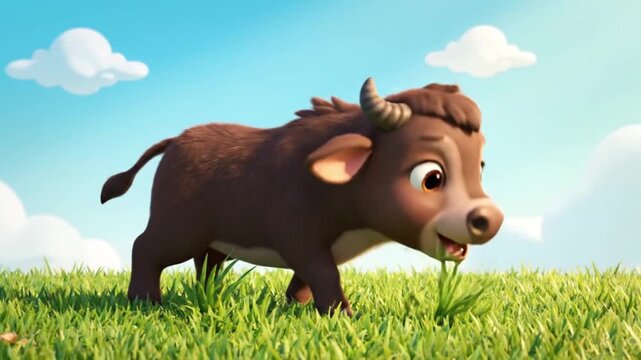 A simple and cute illustration of a cartoon anoa eating grass. Designed for children&rsquo;s nature learning content, with smooth shapes and soft colors suitable for animation or educational use.