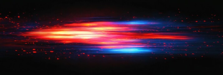 dynamic horizontal streaks of glowing red, orange, and blue lights appearing like fast-moving energy against a dark background with scattered light particles