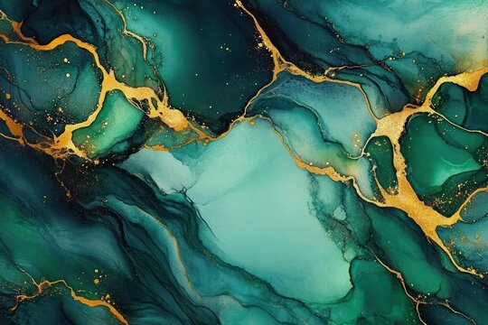 Abstract flowing shapes in teal and dark green shades with gold metallic veins creating a smooth, elegant, and mysterious visual effect