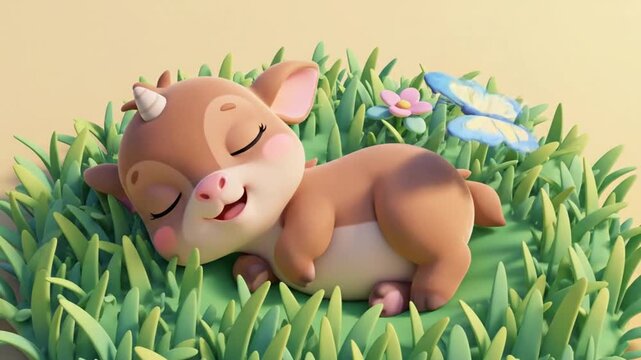 A peaceful illustration of a baby anoa sleeping on a small green grass patch, created in a pastel cartoon style. Ideal for nursery or children&rsquo;s learning visuals about wildlife and nature.