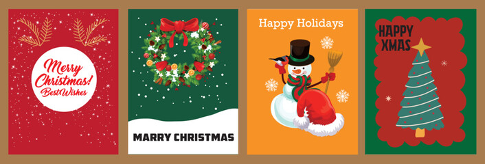 Four vertical christmas banners featuring festive designs including wreath snowman and christmas tree