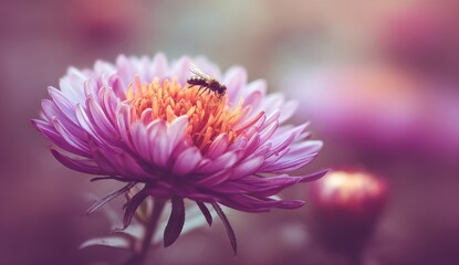 Fototapeta premium Close-up of a vibrant pink and yellow flower with a bee, soft background bokeh