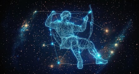 Constellation in the shape of an archer sitting and aiming a bow and arrow against a starry galaxy background, glowing with bright blue light