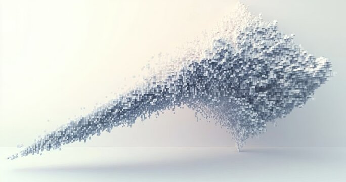 Abstract three-dimensional cloud composed of numerous small gray cubes forming a dynamic directional arrow shape in a minimalistic space