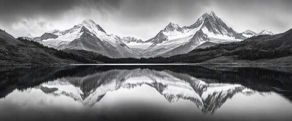 Black and white serene mountain landscape with snow-capped peaks reflecting perfectly in the calm lake below under cloudy sky
