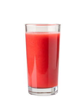 Fresh watermelon juice in glass with watermelon slices on white background, vibrant summer drink rich in hydration and sweetness.