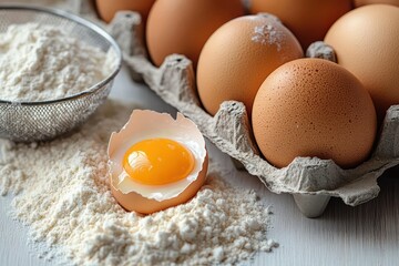 brown eggs in a carton surrounded by white flour with one cracked egg showing a bright yellow yolk on a wooden surface
