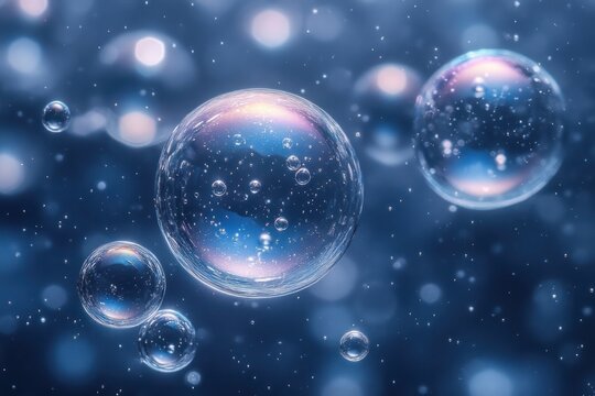 Close-up view of transparent bubbles floating in a soft blue environment with sparkling light reflections and small suspended particles creating a dreamy atmosphere - Powered by Adobe