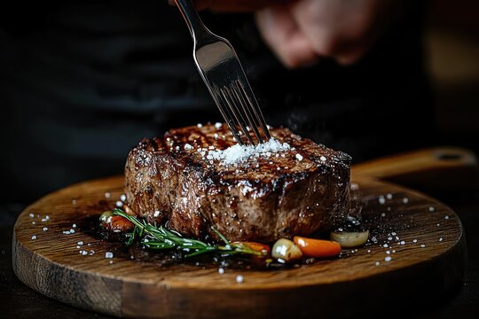 Close-up of a juicy grilled steak being seasoned with coarse salt on a wooden board garnished with rosemary, garlic cloves, and carrots in a dark setting - Powered by Adobe