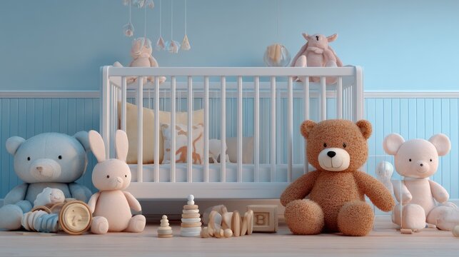 Cute Baby Crib with Plush Toys and Soft Decor in Nursery Room
