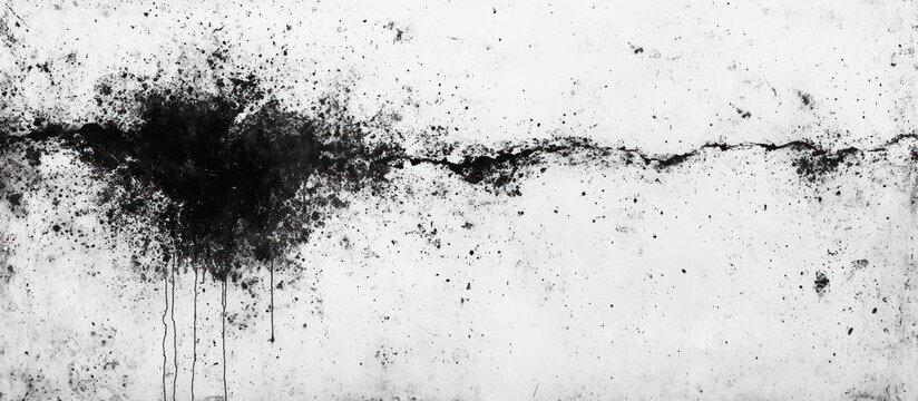 Black paint splatter and drip marks on a white cracked rough textured wall creating an abstract pattern