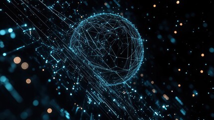 Abstract digital sphere formed by interconnected glowing blue lines and particles in a dark space, conveying futuristic technology and connectivity