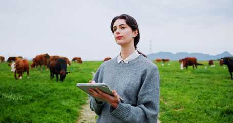Woman, tablet and thinking with farming, cows or checklist for livestock management with space....