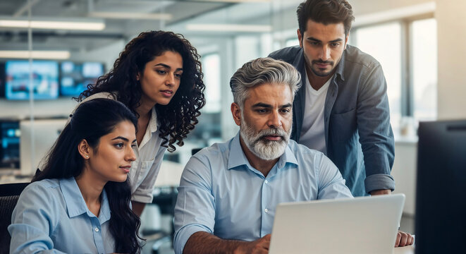 Indian corporate team analyzing big data trends executive leading fintech strategy