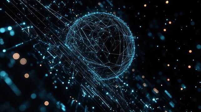 Abstract digital sphere formed by interconnected glowing blue lines and particles in a dark space, conveying futuristic technology and connectivity