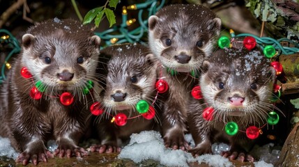 Cute Baby Ferrets Wearing Colorful Christmas Lights in Natural Outdoor Setting
