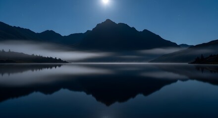 Serene mountain lake reflects a misty, moonlit night.