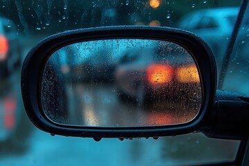 raindrops on a car side mirror reflecting blurred vehicles and colorful lights on a rainy evening