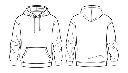 Blank hoodie front and back technical sketch, vector fashion template showing casual sweatshirt design for apparel mockup, clothing pattern, streetwear illustration, and garment presentation