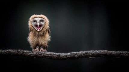Cute Baby Monkey with Happy Facial Expression Sitting on Tree Branch in Dark Forest