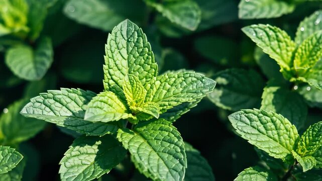 Fresh Mint Leaves: Vibrant Green Close-Up with Water Droplets, Herbal Beauty