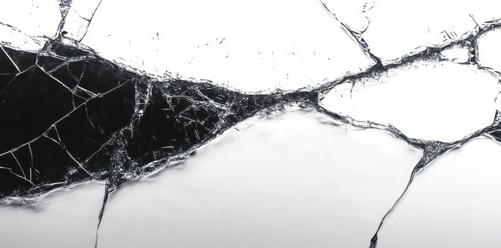 Close-up view of shattered and cracked glass surface with intricate fracture patterns on a white background