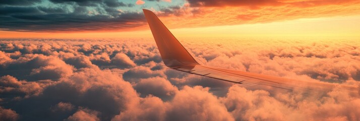 View of an airplane wing flying above vibrant orange clouds during a dramatic sunset sky