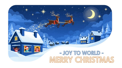 Winter Wonderland: A festive illustration captures the magic of Christmas, with a pair of reindeer soaring across a star-studded sky towards cozy homes blanketed in snow.