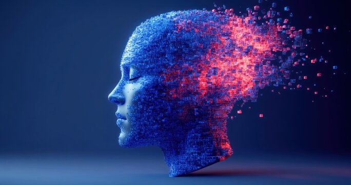 3d digital human head composed of glowing blue pixels with red pixels dispersing from the back, symbolizing artificial intelligence and digital transformation