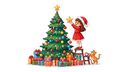 Christmas tree decoration: A little girl carefully places a shining star at the top of a decorated Christmas tree. Presents and a cat complete the festive scene.