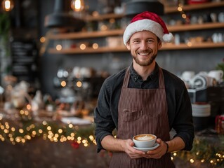 portrait of a barista in Santa hat, standing in a cozy cafe decorated for New Year