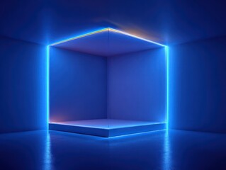 a geometric frame background with deep blue gradient tones, glowing neon light edges