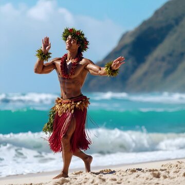 Hawaiian man performing traditional hula dance on a sandy beach