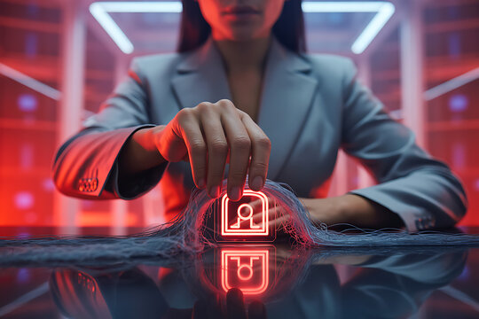 Closeup of a persons hands typing on a laptop with a futuristic holographic interface displaying a diamond icon and network connections