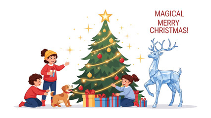 Christmas Spirit: Children gathered around a decorated Christmas tree with gift boxes, the magic of the holiday season is in the air. This illustration captures the joy and wonder of christmas.