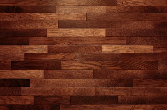 Dark brown and reddish wooden floor panels arranged in staggered rectangular planks with natural wood grain texture
