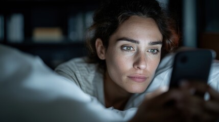 Jeune femme allongée dans son lit utilisant son smartphone la nuit