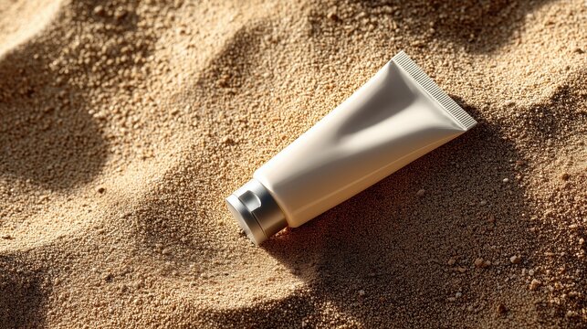 Tube de cr&egrave;me solaire blanc pos&eacute; sur le sable dor&eacute; d'une plage ensoleill&eacute;e