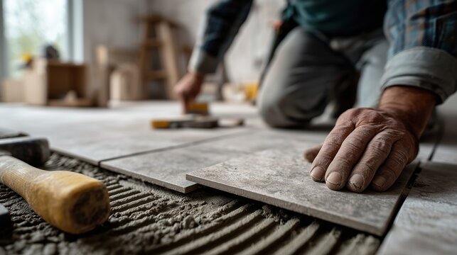 Artisan posant du carrelage avec ses outils sur chantier