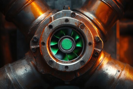 Close-up of a rusted industrial turbine with green illuminated blades and metal pipes connected to the central unit, highlighting machinery details and wear