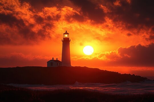 Lighthouse shining brightly against a fiery orange and red sunset over a rocky shore with dark clouds and ocean waves