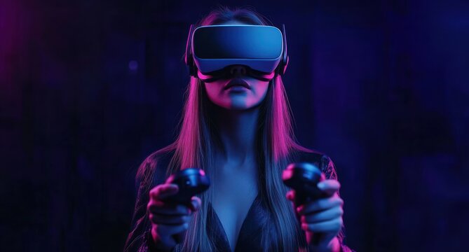 Young woman immersed in virtual reality experience wearing vr headset and holding controllers in dim blue and purple lighting