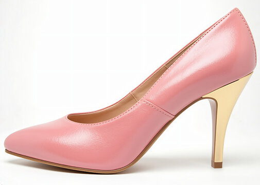Realistic close-up of an elegant pink high heel shoe with gold stiletto heel on a white background, AI-generated fashion product photo with soft window lighting - Powered by Adobe