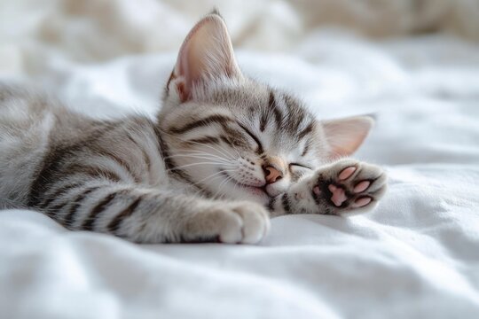 sleeping gray striped kitten resting peacefully on a soft white surface showing its paw pads