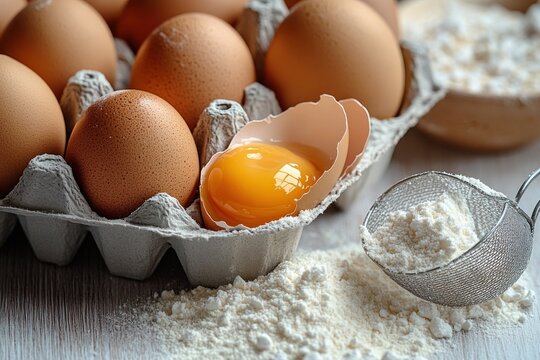 Close-up of brown eggs in a carton with one cracked open revealing the yolk, surrounded by white flour and a metal sieve on a wooden surface