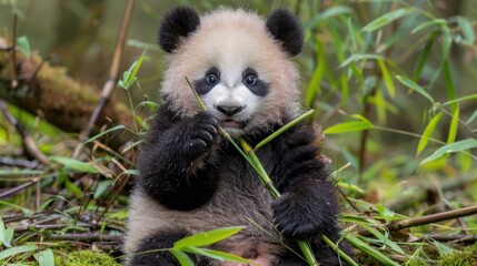 Fototapeta premium Cute Baby Panda Sitting in Bamboo Forest with Soft Lighting