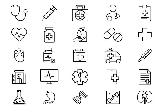 medical icon set. Healthcare, medical, medicine. Linear icon collection. Medical outline icons with editable stroke collection. pharmacy, lab, scientific discovery, collection. Vector illustration.
