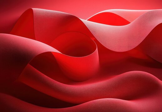 Smooth flowing curves of vibrant red fabric creating abstract wave-like shapes with soft lighting and textured surface - Powered by Adobe